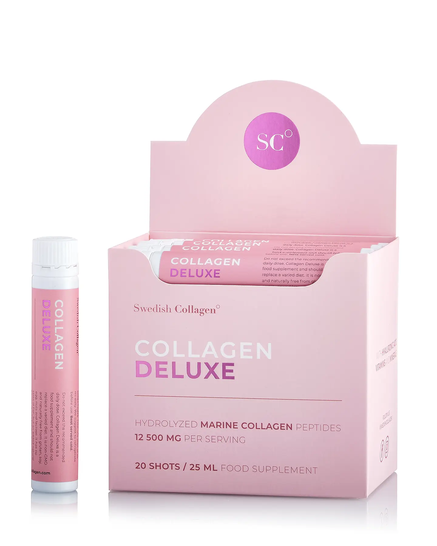Colagen Deluxe - 20 Shots - Colagen Marin Hidrolizat Lichid cu 12.500 mg + Acid Hialuronic 75 mg + Biotina 5000 mcg + MSM 125 mg + Zinc + Siliciu + Vitamine 1 Colagen Deluxe (din Pește) – Hidrolizat Lichid Tip 1 și 3 cu 12.500mg + Acid Hialuronic 75mg + Biotină 5000mcg + MSM + Zinc + Siliciu + Vitamine – 20 Fiole