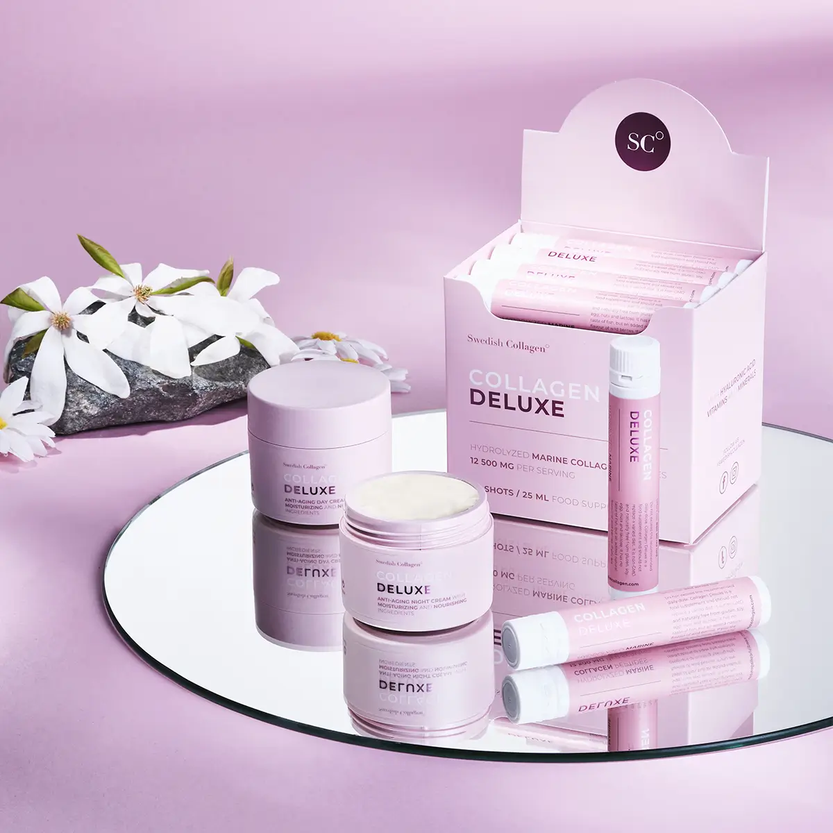 Colagen Deluxe - 20 Shots - Colagen Marin Hidrolizat Lichid cu 12.500 mg + Acid Hialuronic 75 mg + Biotina 5000 mcg + MSM 125 mg + Zinc + Siliciu + Vitamine 3 Colagen Deluxe Fiole + Crema de Noapte si zi cu retinol